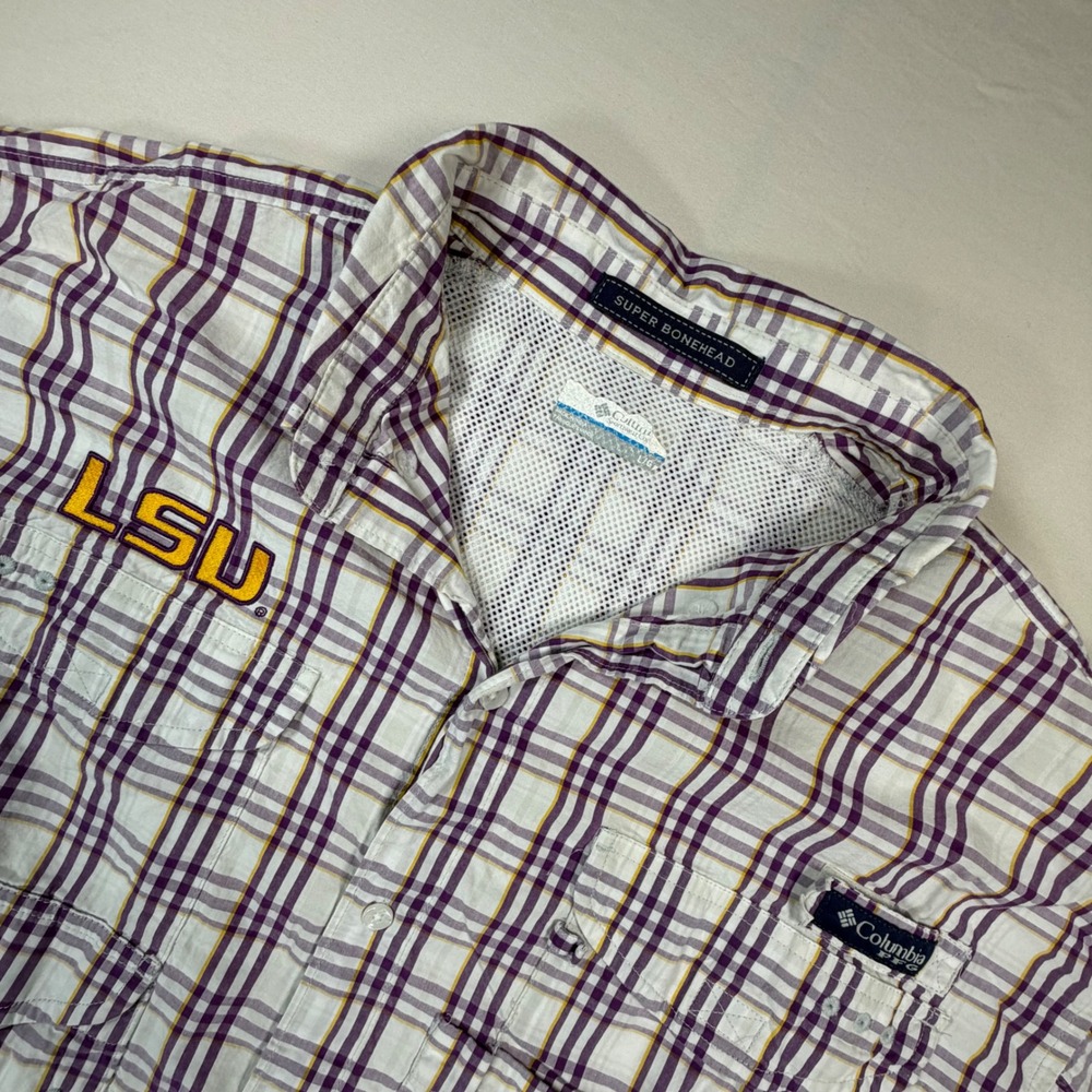 Columbia PFG Super Bonehead‎ LSU Tigers Fishing Shirt Mens XL Purple Gold 0464